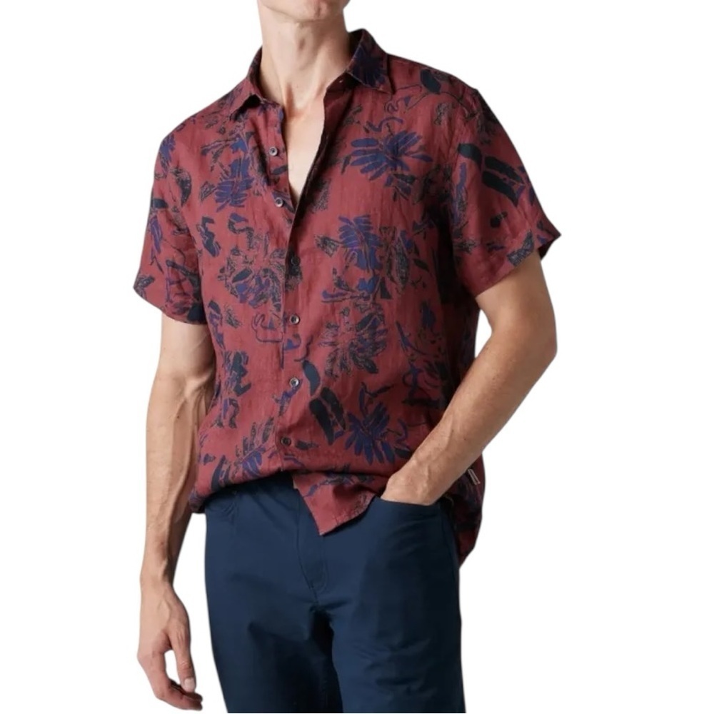 NEW Rodd & Gunn MALVERN HILL FLORAL SPORTS FIT LINEN BUTTON DOWN IN OXBLOOD‎ XL
